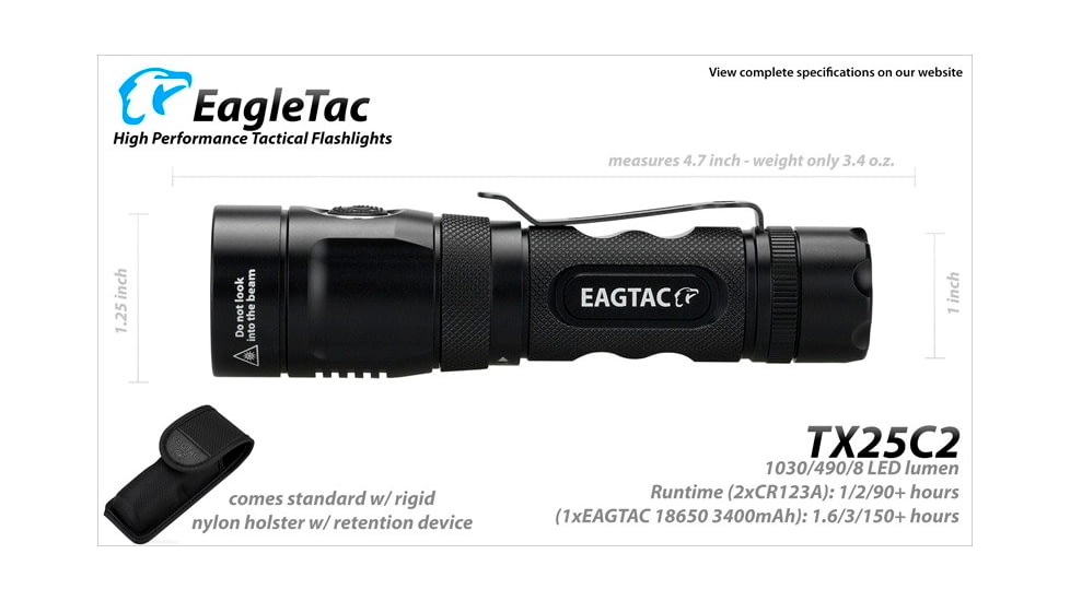 EAGTAC TX25C2 Flashlight Kit, XM-L2 U2 NW LED, 1180lm, Black, TX25C2-XML2-KIT-NW