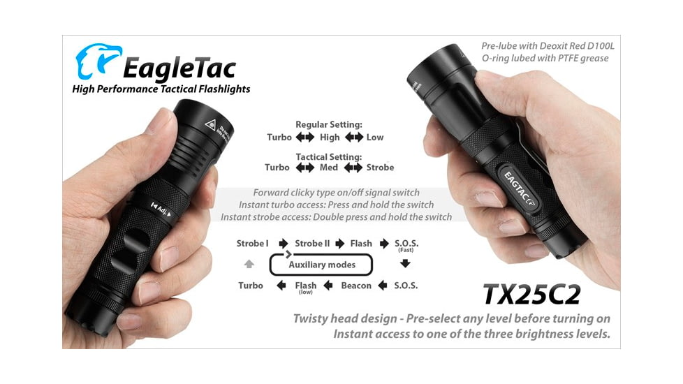 EAGTAC TX25C2 Flashlight Kit, XM-L2 U2 NW LED, 1180lm, Black, TX25C2-XML2-KIT-NW