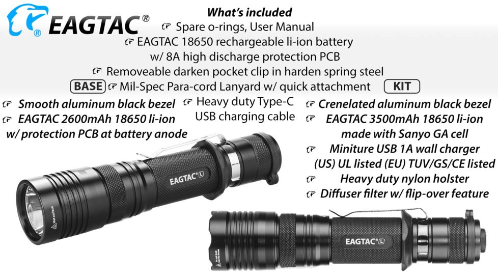 Eagtac USB Rechargeable T25LR XHP35 HD 2000 Lumen Tactical Flashlight Base, Black, Medium, 2916
