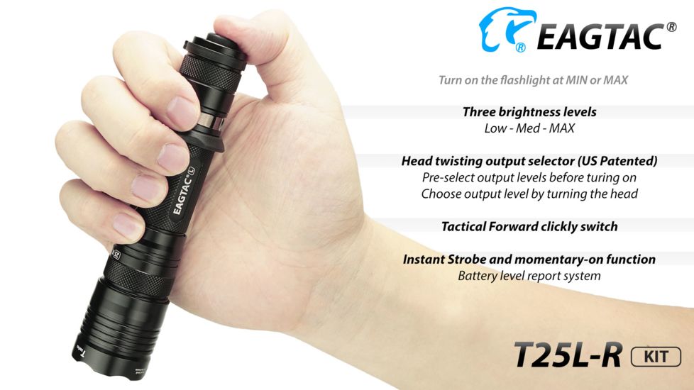 Eagtac USB Rechargeable T25LR XHP35 HD 2000 Lumen Tactical Flashlight KIT, Black, Medium, 2917