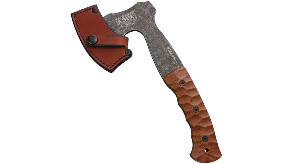 Esee Gibson Axe, 10.5in Overall, 3in Black Stonewash 1095Hc Steel Axe Head With 4.5in Cutting Edge, Brown Finger Grooved Micarta Handle, Brown Leather Sheath, Brown, GIBSON AXE