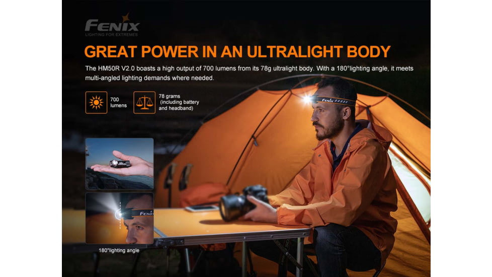Fenix Lighting HM50R V2.0 Lithium Ion 700 Lumens Cree XP-G3 S4 LED Headlamp, Black, HM50V2BK