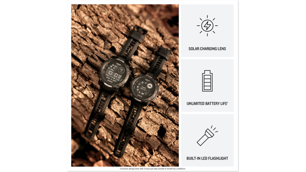 Garmin Instinct 3 Solar Tactical Watch, Black, 50mm, Polymer/Aluminum, Black, Silicone, 010-02935-50