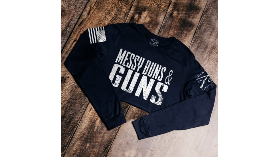 Grunt Style Messy Buns &amp; Guns Long Sleeve T-Shirt - Womens, Midnight Navy, Large, GS4398-L