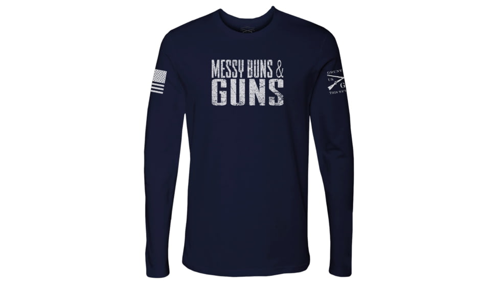 Grunt Style Messy Buns &amp; Guns Long Sleeve T-Shirt - Womens, Midnight Navy, Large, GS4398-L