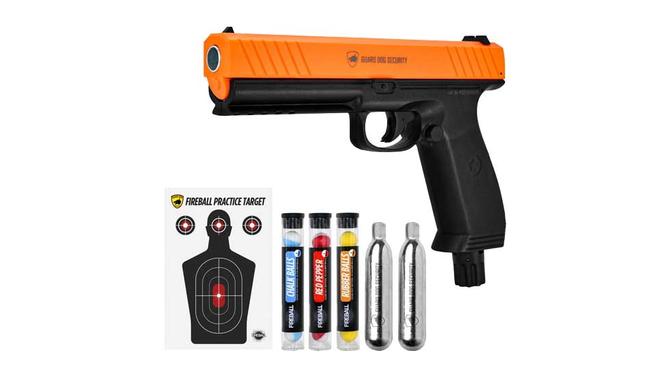 Guard Dog Security FireBall CO2 Pepper Gun, 6 Pepper Balls, 6 Rubber Balls, 6 Chalk Balls, 2 CO2 Cartridge, Target Practice, Black/B.Orange, PG-GDFB-BK-S2