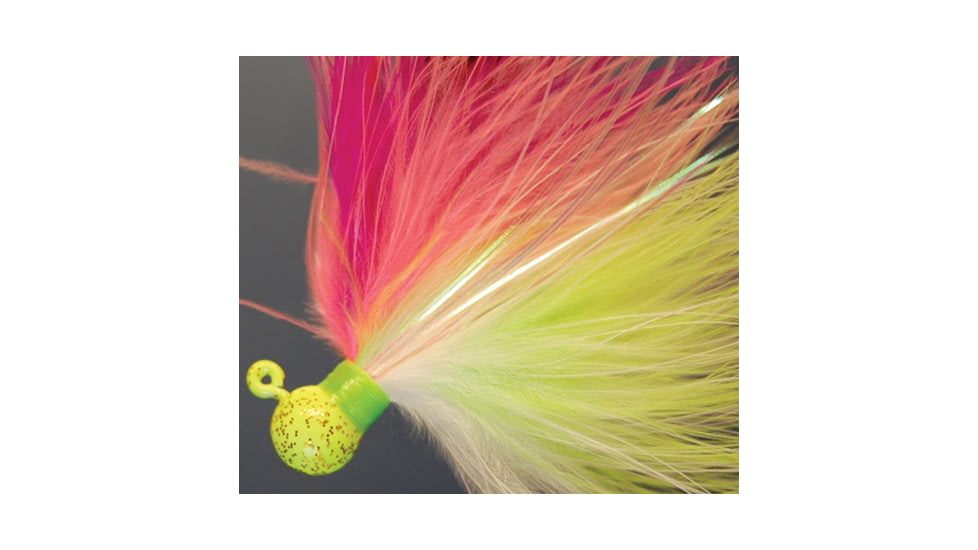Hawken Outdoors Fire Flies Marabou Flash Jig, 1/8 oz, 1/0 Hook Pink/Cerise/White/Peach &amp; Chartreuse with Green Micro Light Stick, FFM18007