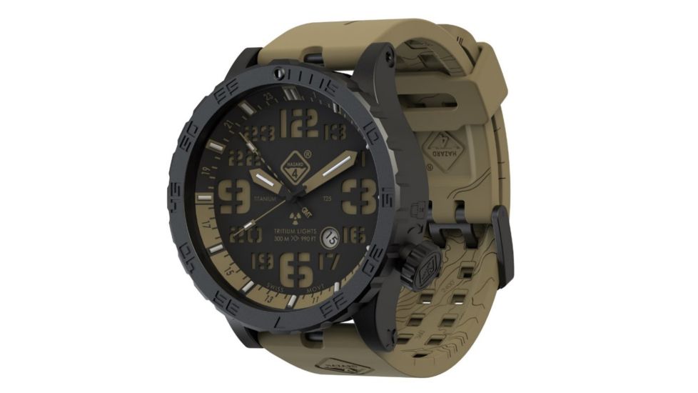 Hazard 4 Heavy Water Diver, 50mm Black Titanium GMT Watch with Tritium, Black Dial, Earth Texts, Green/Yellow Tritium HWD-TIPV-G-E-KE-GGYG
