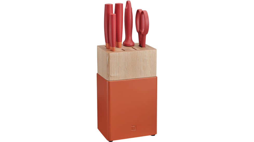 HENCKELS ZWILLING Now S 6-Piece Orange Block Set, 8in Serrated Bread Blade/ 8in Chef's Blade/ 4in Paring Blade, Orange Polypropylene Handle, 53030-110