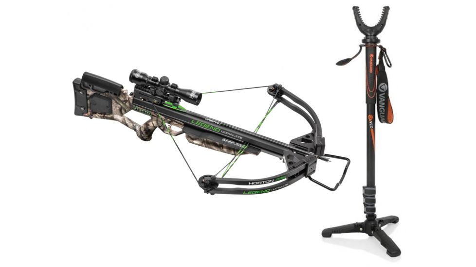 Horton Archery Legend Ultra-Lite Standard Crossbow Package w/4x32 Multi-Line Scope,ACUdraw 50,175lb Draw Weight, Mossy Oak Treestand Camo, NH15050-7551 W/ Vanguard Quest Tripod