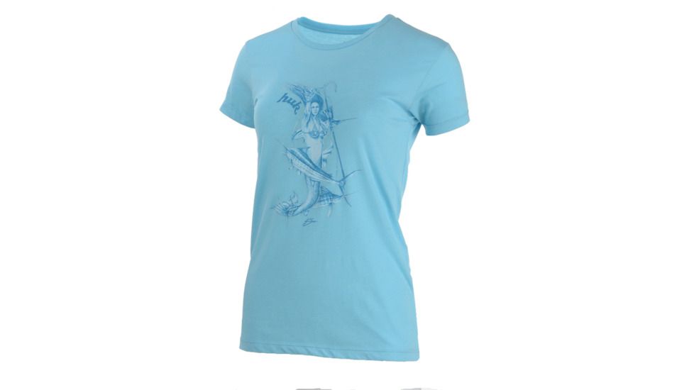 HUK Performance Fishing W Mother Ocean Vneck Tops, Short Sleeve - Womens, Tahiti Blue Heather, Large, H6100017-435-L
