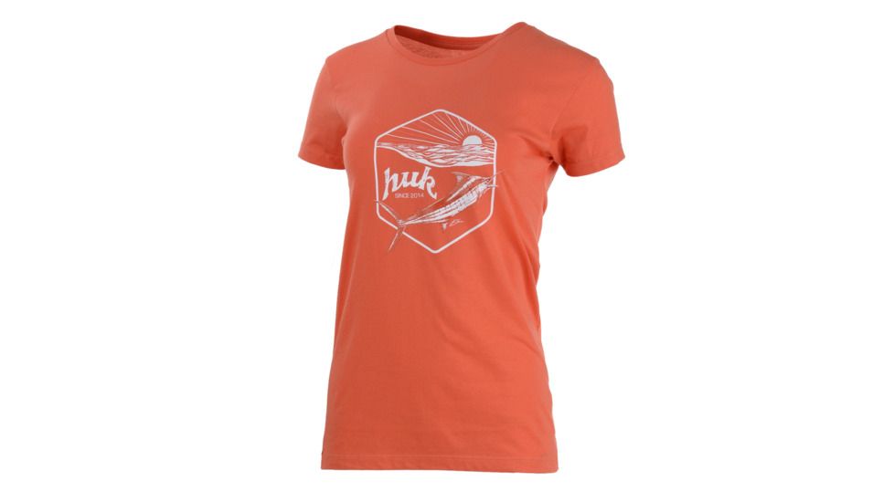 HUK Performance Fishing W Sunrise Crew Tops, Short Sleeve - Womens, Coral, Large, H6100021-630-L