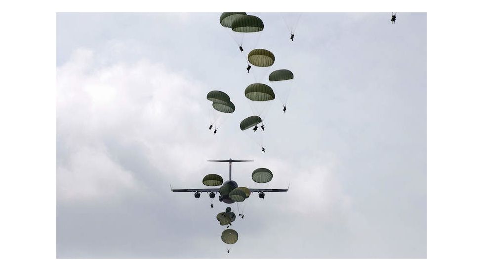 iCanvas Army Soldiers Jump Out Of A C-17 Globemaster III by Stocktrek Images Canvas Print, Multi, 18x12 TRK760-1PC3-18x12
