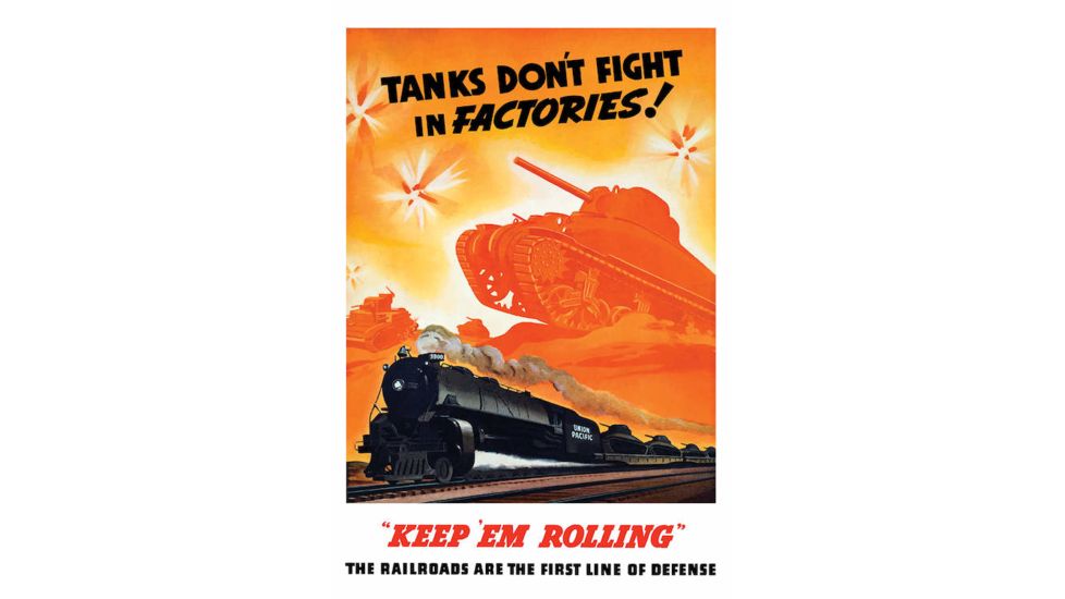 iCanvas WWII Poster Of Tanks Rolling Into Battle And A Locomotive In by Stocktrek Images Canvas Print, Multi, 18x12 TRK168-1PC3-18x12