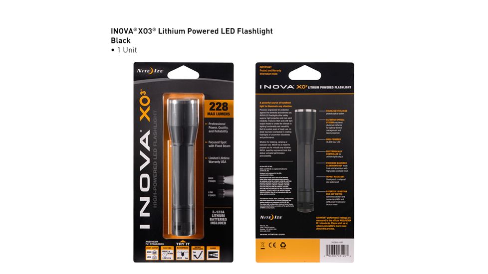 Inova XO3 123A Lithium Powered LED Flashlight,228 Lumens,Black XO3B-01-R7