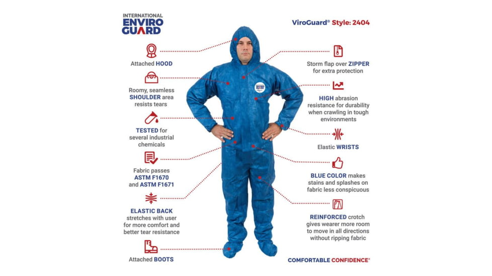 International Enviroguard ViroGuard 2404 Coverall w/Hood, Boot, Elastic Wrist and Back, Blue, L, Case 25, 2404-L
