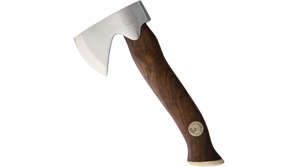 Karesuando Unna Aksu Hunters Axe, 9.5in Overall, 2.63in Cutting Edge, 4.13in Satin SS Axe Head, Walnut Handle, Diamond Coated Sharpening Stone, Bone Pommel, Black Leather Belt Sheath, GiftBoxed, 4024