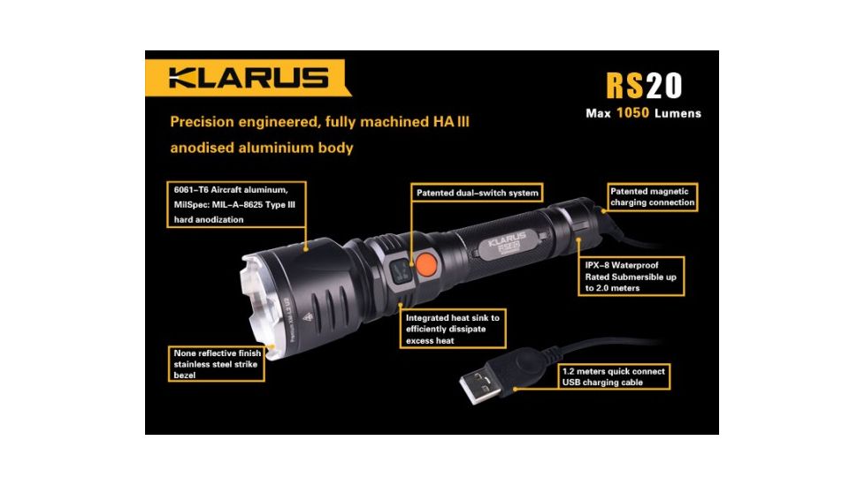 Klarus RS20 XML2 1050 Lumen Waterproof LED Flashlight w/ Rechargeable Battery,Grey KLARUS-RS20-XML2