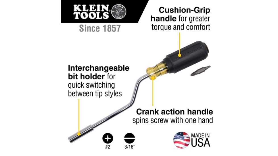 Klein Tools 2in1 Multi-Bit Screwdriver, Rapi-Drive Phillips and Slotted Bits, Black/Yellow, 67100