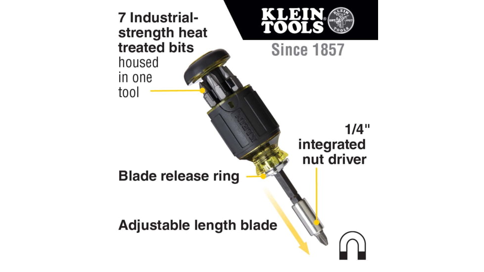 Klein Tools 8in1 Multi-Bit Adjustable Length Stubby Screwdriver, Black, 32308