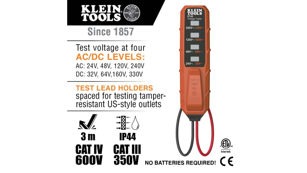 Klein Tools AC/DC Voltage Tester, Orange/Black, ET45