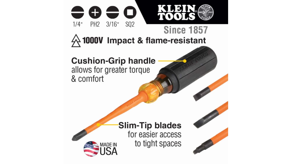 Klein Tools Cabinet Screwdriver Set, Slim-Tip Insulated Phillips, Square, 4Piece, Orange/Black, 33734INS