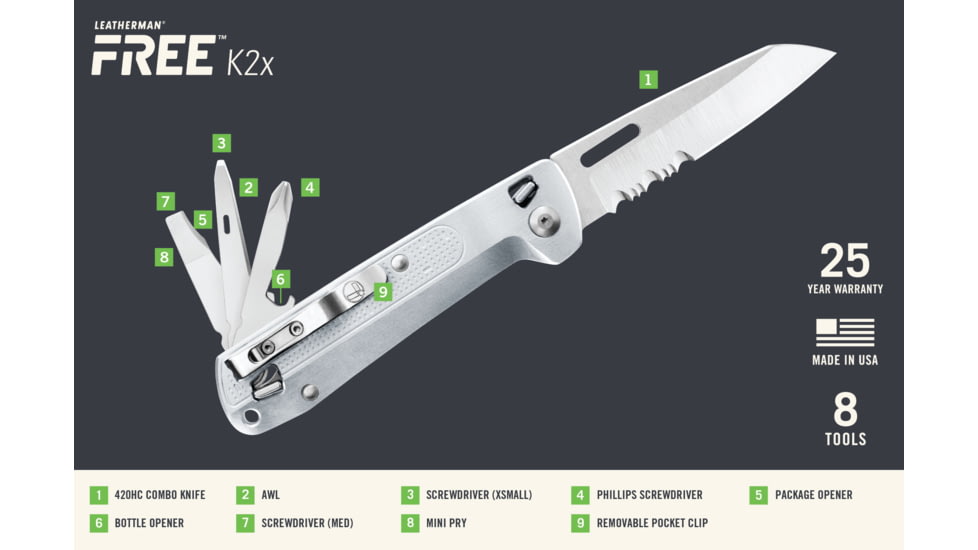Leatherman FREE K2x Folding Knives, 3.3in, 420HC SS, Silver, 037447006869