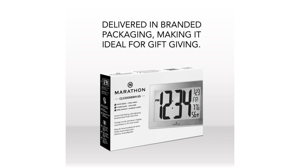 Marathon Atomic Digital Wall Clock, White, 9.5in x 1in x 6in, CL030068-WH-SS-NA
