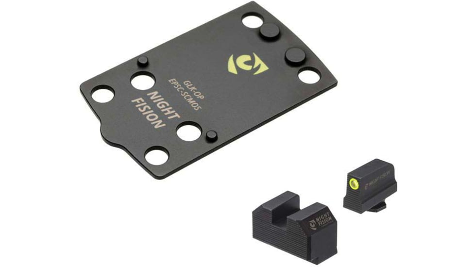 Night Fision Optic Plate + Tritium Ylw Front Sight Combo EPS Carry to Glock 43x MOS, Black, GLK-OPBS-EPSC-43X-YGZX