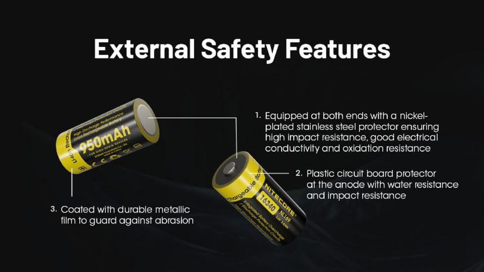 Nitecore NL169 950mAh Rechargeable 16340 Battery, Yellow, BAT-NITE-16340-NL169