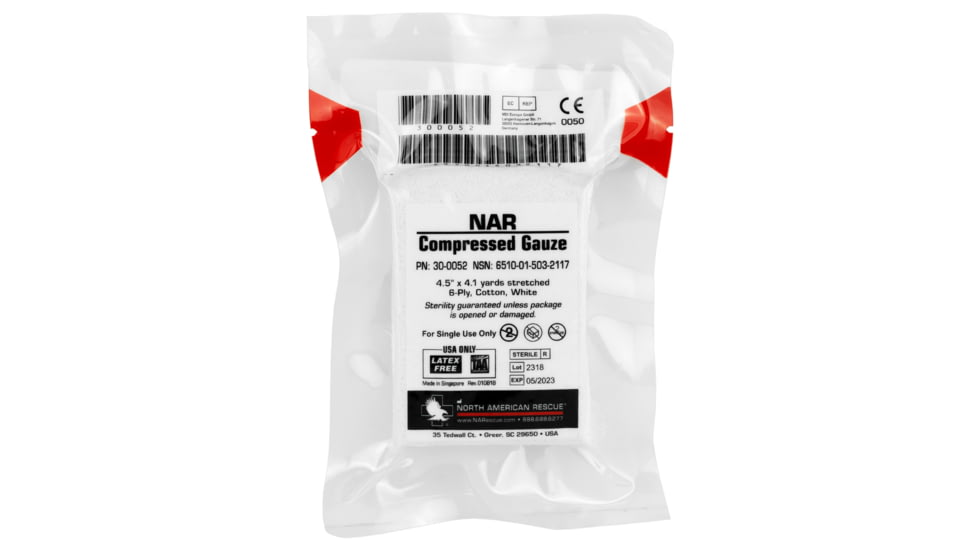 North American Rescue Compressed Gauze, 4.5 x 4.1yd Sterile 6-Ply 100% Cotton Gauze, Crinkle Weave, Latex Free