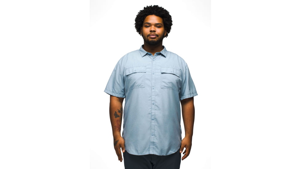 prAna Lost Sol Short Sleeve Shirt Standard Fit - Mens, Chambray Heather, M, 1972351-401-ST-M