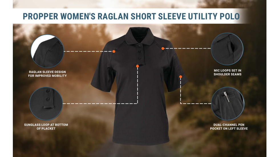 Propper Raglan Utility Short Sleeve Polo - Womens, Black, S, F530901001S