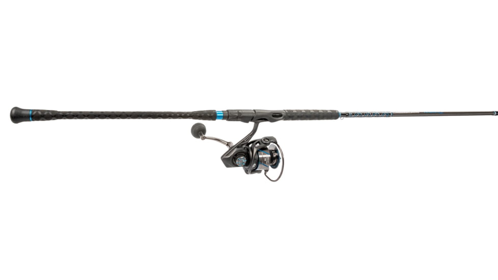 Quantum Benchmark Spinning Reel and Rod Combo, 8ft, 2-PC, Med-Heavy, Moderate-Fast Rod, Graphite Composite Blank, SZ 5000 Reel, 5+1 Bearings, 5.6-1 Ratio, Silver/Blue, BK5000802MH1225.P2