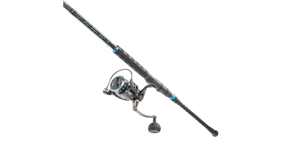 Quantum Benchmark Spinning Reel and Rod Combo, 8ft, 2-PC, Med-Heavy, Moderate-Fast Rod, Graphite Composite Blank, SZ 5000 Reel, 5+1 Bearings, 5.6-1 Ratio, Silver/Blue, BK5000802MH1225.P2