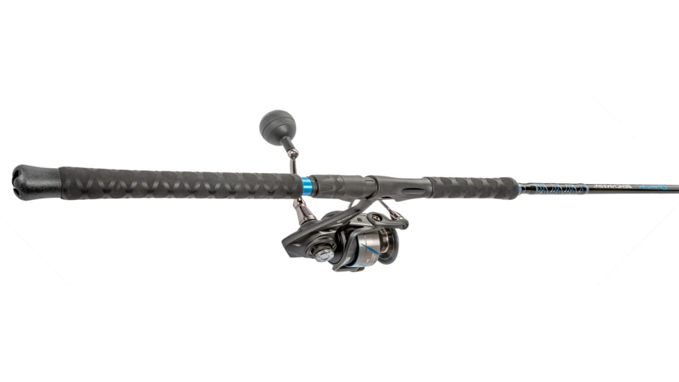 Quantum Benchmark Spinning Reel and Rod Combo, 7ft, 1-PC, Med-Heavy, Moderate-Fast Rod, Graphite Composite Blank, SZ 6000 Reel, 5+1 Bearings, 5.6-1 Ratio, Silver/Blue, BK6000701MH1225.P2