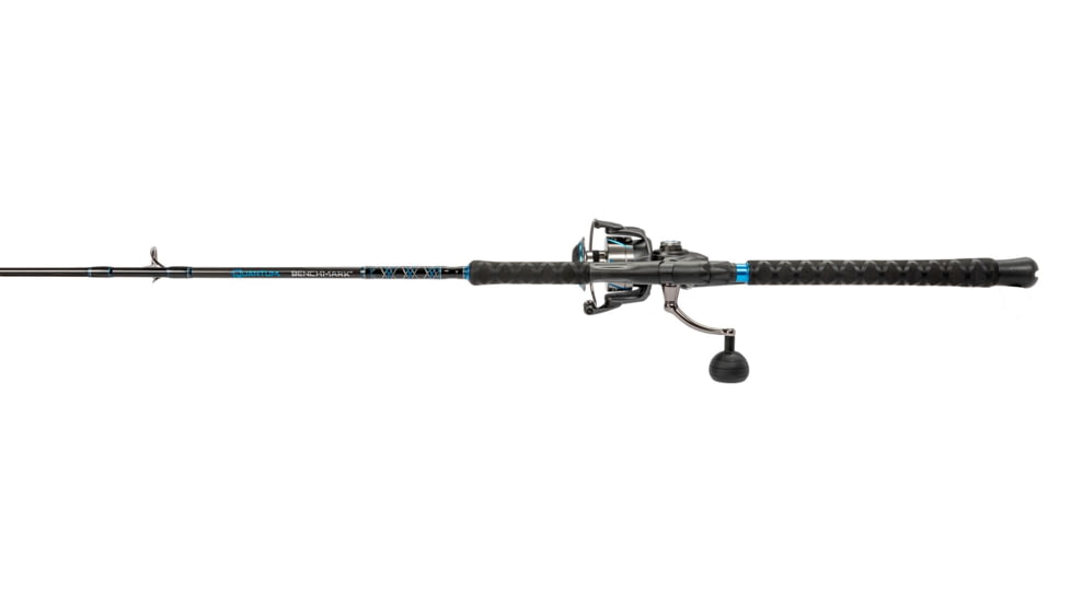 Quantum Benchmark Spinning Reel and Rod Combo, 7ft, 1-PC, Med-Heavy, Moderate-Fast Rod, Graphite Composite Blank, SZ 6000 Reel, 5+1 Bearings, 5.6-1 Ratio, Silver/Blue, BK6000701MH1225.P2