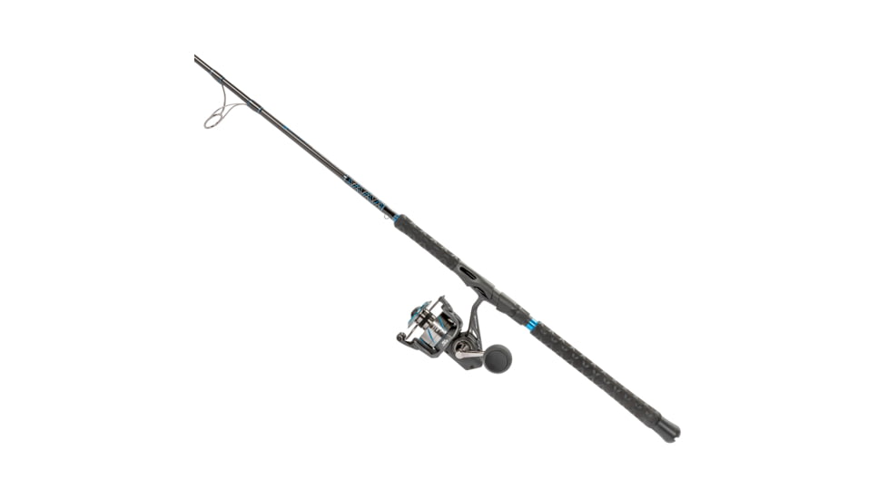 Quantum Benchmark Spinning Reel and Rod Combo, 7ft, 1-PC, Med-Heavy, Moderate-Fast Rod, Graphite Composite Blank, SZ 6000 Reel, 5+1 Bearings, 5.6-1 Ratio, Silver/Blue, BK6000701MH1225.P2