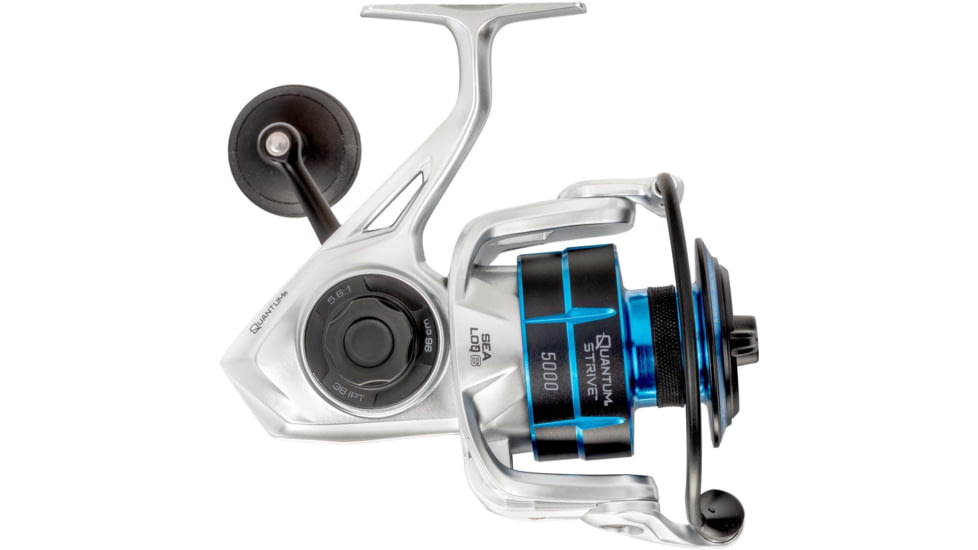 Quantum Strive Spinning Reel, SZ 5000 Reel, 4+1 Bearings, 5.6-1 Ratio, Rigid Aluminum Frame, Graphite Rotor, Sealed Design, CFX200 Carbon Fiber Xtreme Drag, Silver/Blue, SV5000.B2