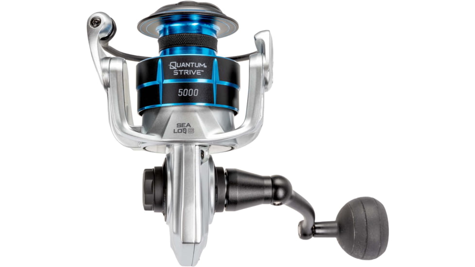 Quantum Strive Spinning Reel, SZ 5000 Reel, 4+1 Bearings, 5.6-1 Ratio, Rigid Aluminum Frame, Graphite Rotor, Sealed Design, CFX200 Carbon Fiber Xtreme Drag, Silver/Blue, SV5000.B2