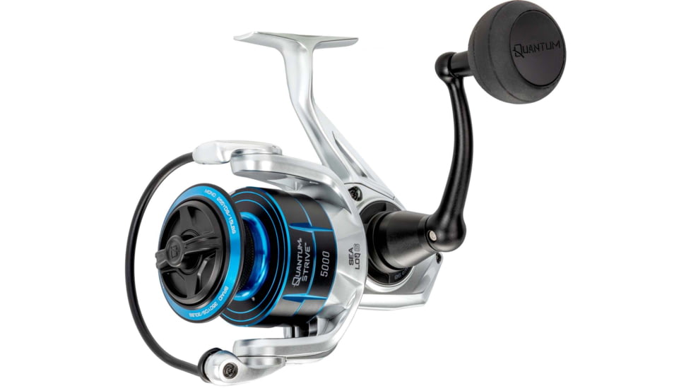 Quantum Strive Spinning Reel, SZ 5000 Reel, 4+1 Bearings, 5.6-1 Ratio, Rigid Aluminum Frame, Graphite Rotor, Sealed Design, CFX200 Carbon Fiber Xtreme Drag, Silver/Blue, SV5000.B2