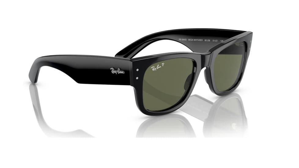 Ray-Ban RB0840S Mega Wayfarer Sunglasses, Black Frame, Green Polarized Lens, 51, RB0840S-901-58-51