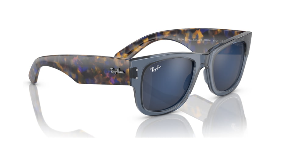 Ray-Ban RB0840S Mega Wayfarer Sunglasses, Transparent Dark Blue Frame, Grey Mirror Blue Lens, 51, RB0840S-6638O4-51
