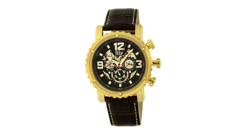 Mens Alpin Watch,45mm,Black Dial,Gold Bezel,Black Leather Strap