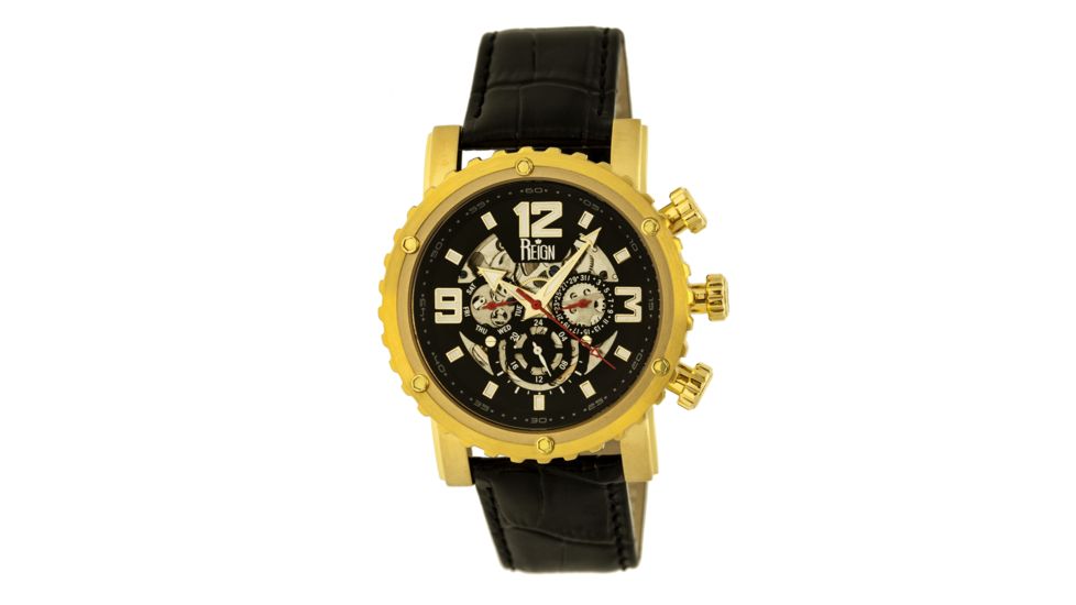 Mens Alpin Watch,45mm,Black Dial,Gold Bezel,Dark Brown Leather Strap