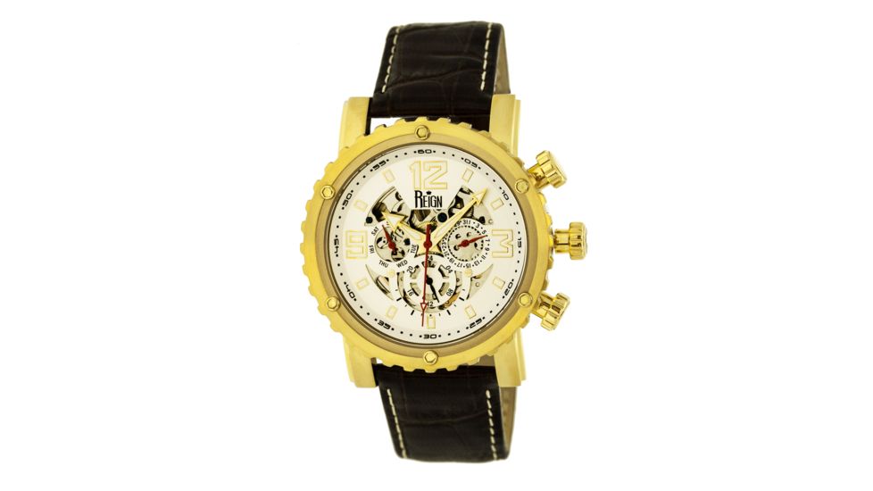 Mens Alpin Watch,45mm,White Dial,Gold Bezel,Dark Brown Leather Strap