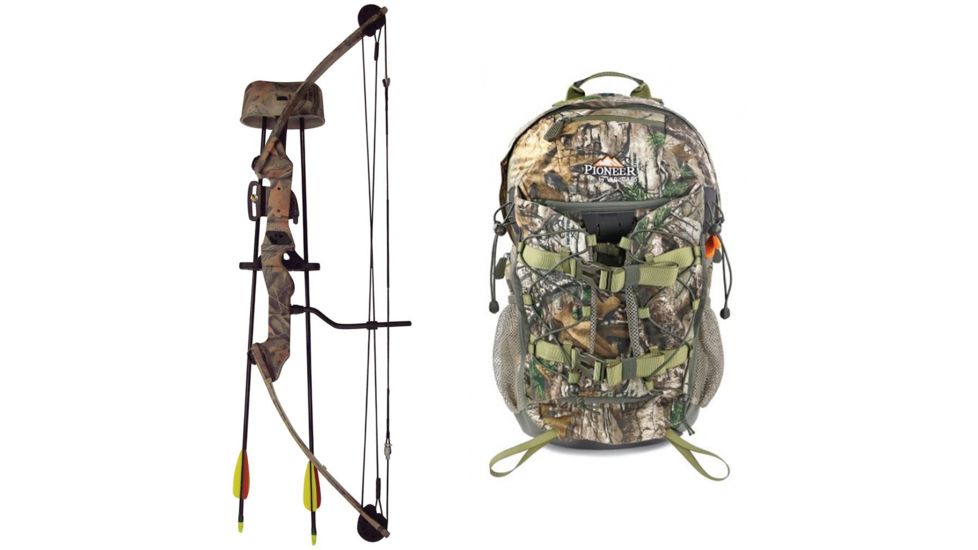 SA Sports Outdoor Gear Moose Youth Bow Pkg., Camouflage 20 in. 35 lbs. RH, 567 W/ Vanguard L Hunting Backpack-Realtree Camo