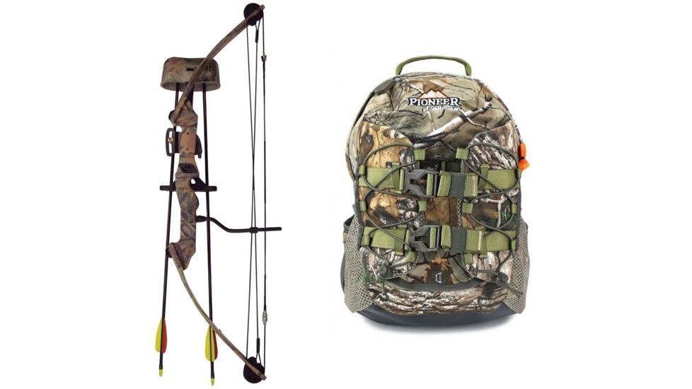 SA Sports Outdoor Gear Moose Youth Bow Pkg., Camouflage 20 in. 35 lbs. RH, 567 W/ Vanguard Xl Hunting Backpack-Realtree Camo, 64794-KIT1