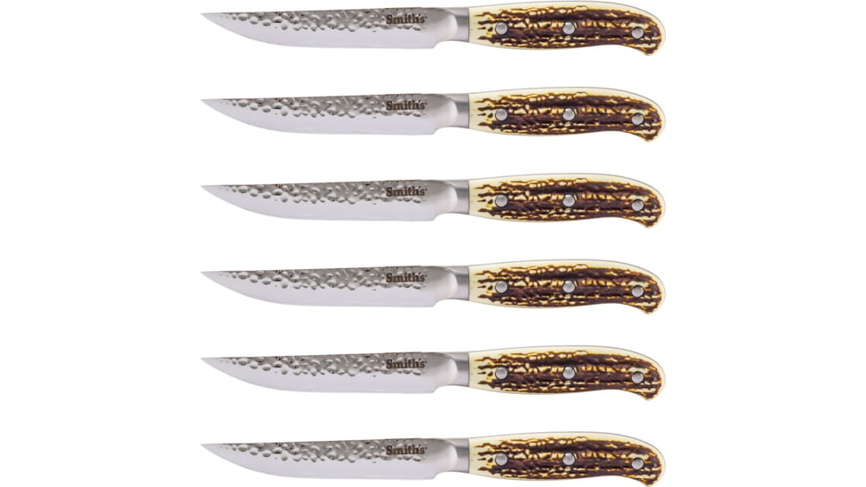 Smith's Sharpeners Cabin and Lodge Steak Set, 9in Overall, 4.5in Hammered Finish 420 SS Blade, Imitation Stag Handle, Storage Block, Set Of Six, 51033
