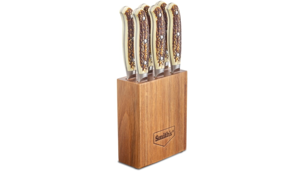 Smith's Sharpeners Cabin and Lodge Steak Set, 9in Overall, 4.5in Hammered Finish 420 SS Blade, Imitation Stag Handle, Storage Block, Set Of Six, 51033